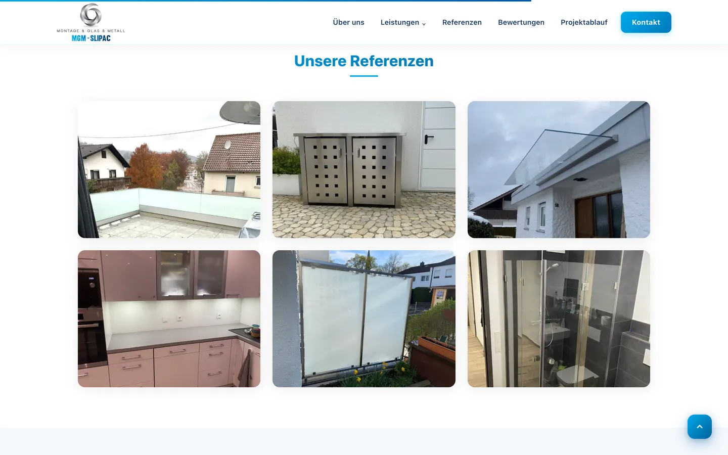 Referenzbereich von MGM Slipac mit sechs Fotos fertiger Arbeiten: Glasbrüstung, Mülltonnenbox, Glasvordach, Küchenrückwand, Sichtschutz und Duschkabine