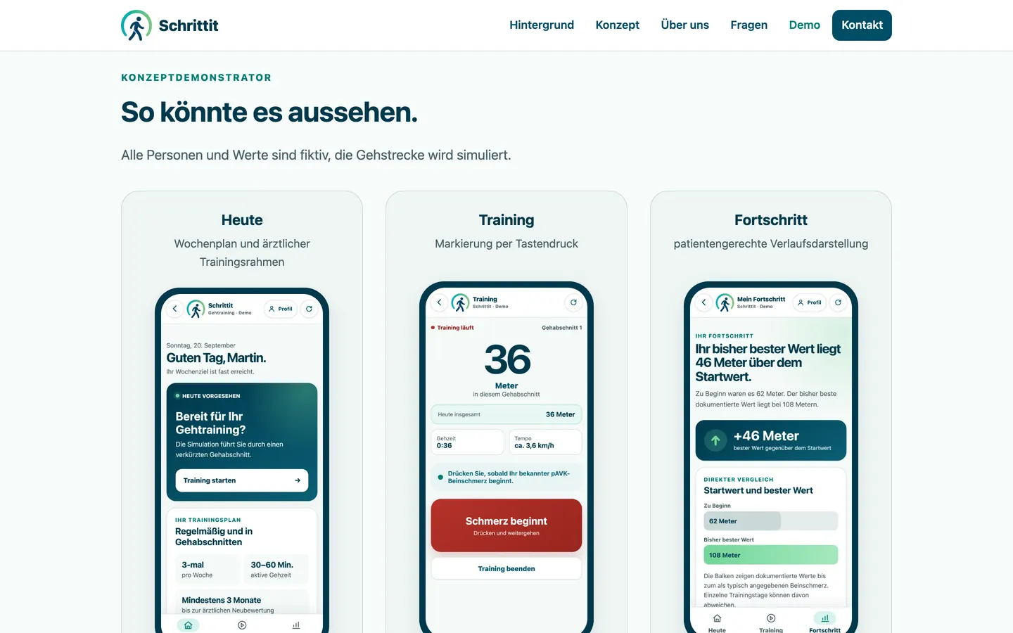 Bereich „So könnte es aussehen“ mit drei Handy-Ansichten der Demo: Heute mit Wochenplan, Training mit Meterzähler und großem Knopf „Schmerz beginnt“ sowie Fortschritt mit Vergleich zum Startwert