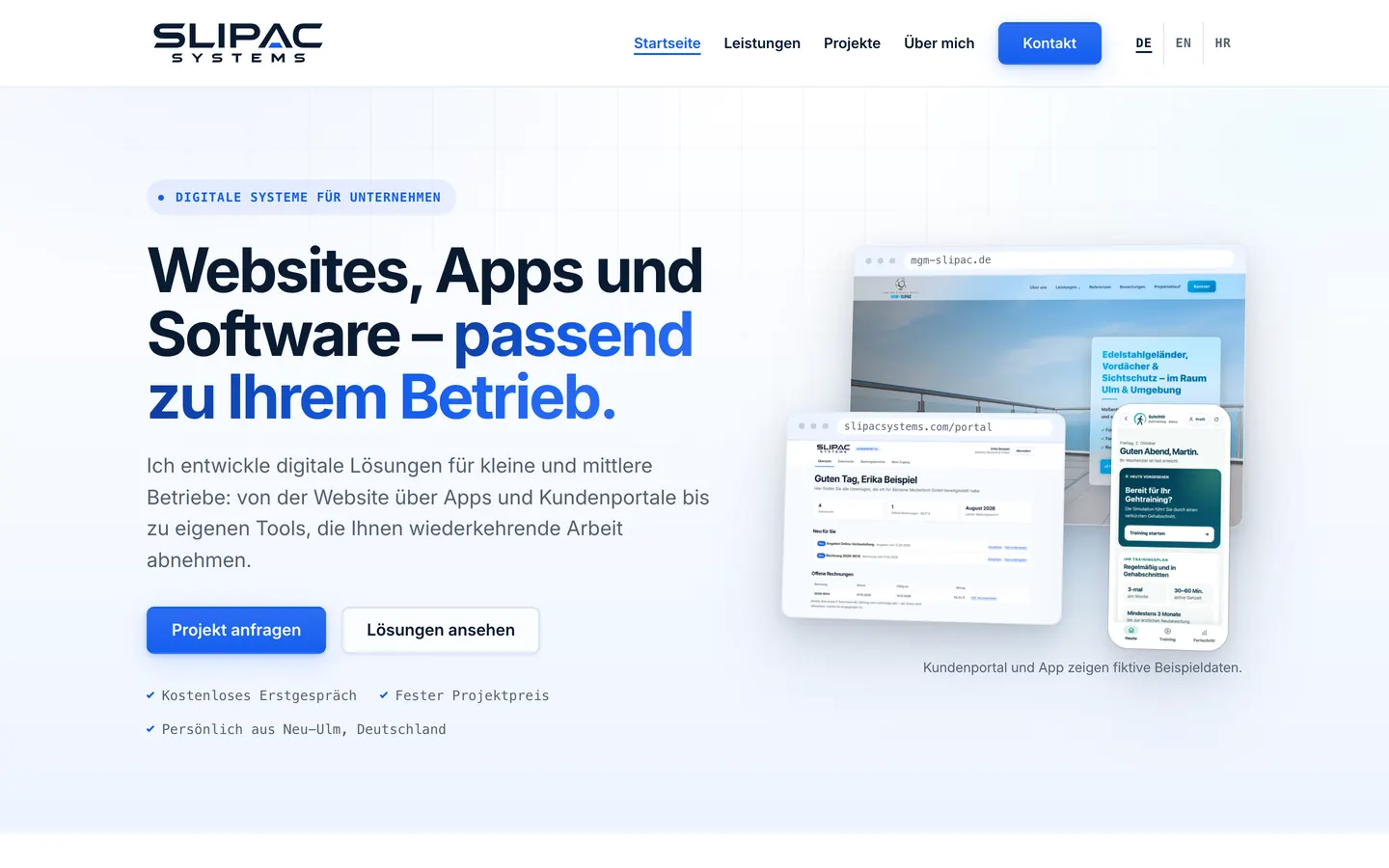 Startseite von Slipac Systems mit der Überschrift „Websites, Apps und Software – passend zu Ihrem Betrieb.“, den Knöpfen „Projekt anfragen“ und „Lösungen ansehen“ und daneben drei Projektansichten: Website, Kundenportal und App
