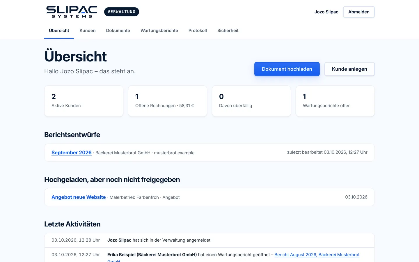 Übersicht der Verwaltung mit Kacheln für aktive Kunden, offene und überfällige Rechnungen sowie offene Wartungsberichte, darunter Berichtsentwürfe und letzte Aktivitäten